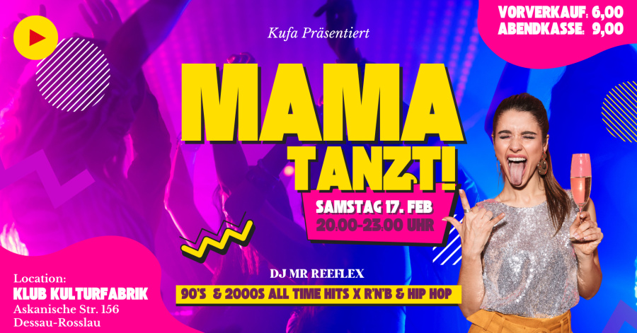 Veranstaltungsflyer zur Partyreihe "Mama tanzt" im Club Kulturfabrik Dessau